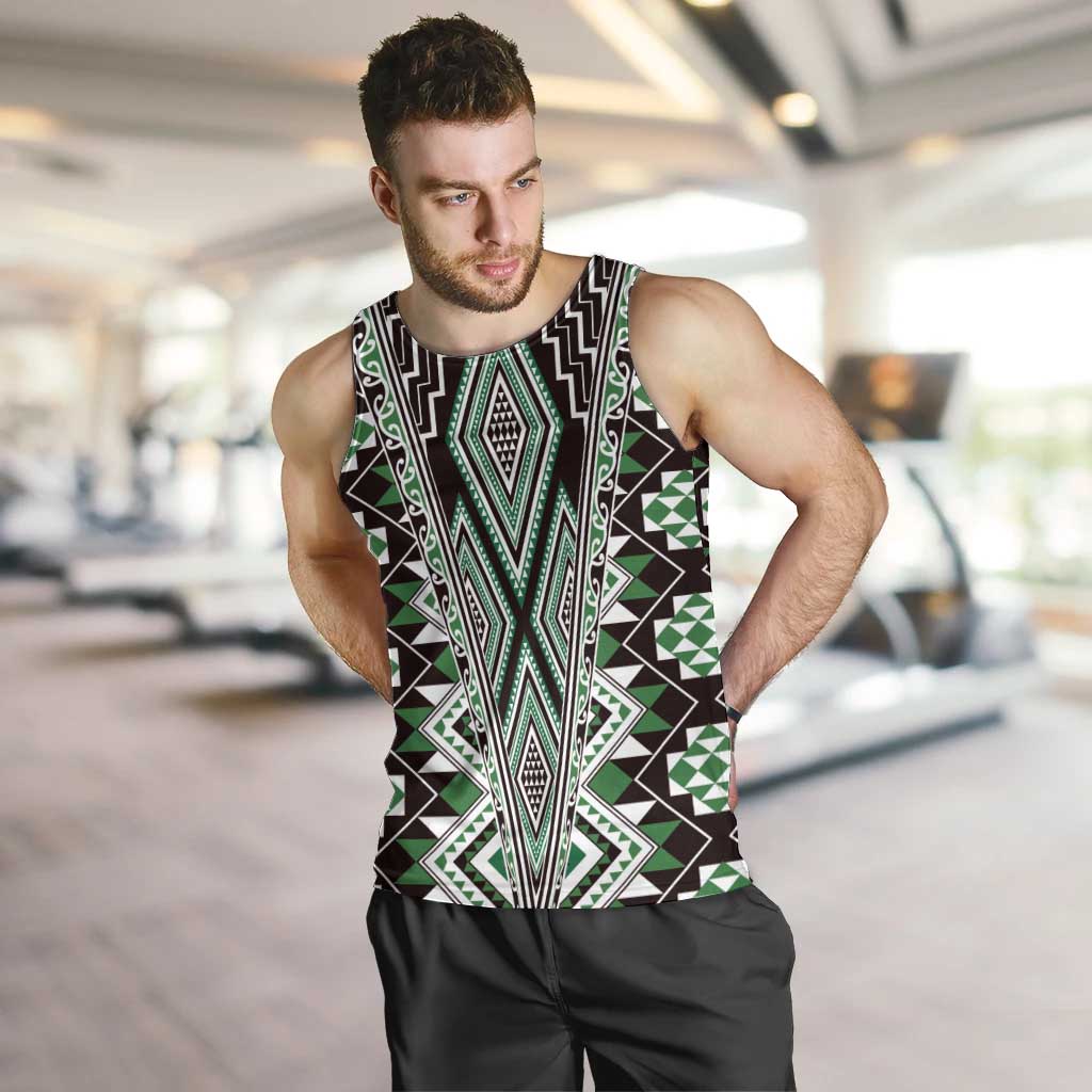 Green Aotearoa Tukutuku and Poutama Motif Men Tank Top LT03 Green - Polynesian Pride