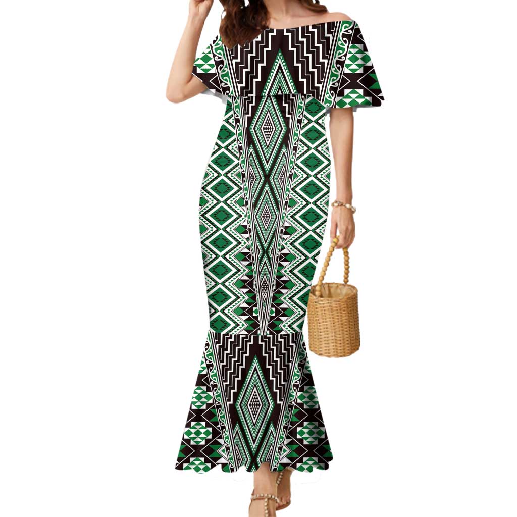 Green Aotearoa Tukutuku and Poutama Motif Mermaid Dress LT03 Women Green - Polynesian Pride