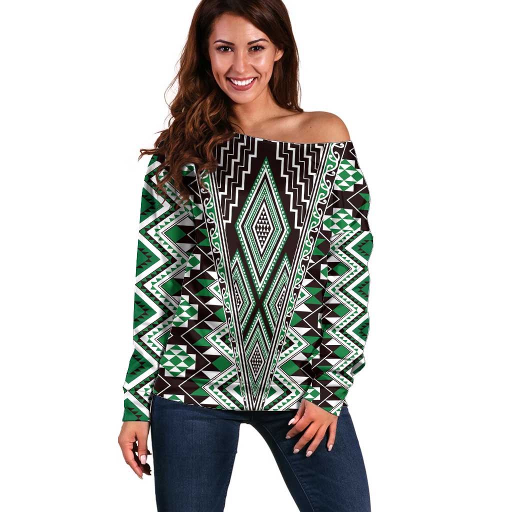 Green Aotearoa Tukutuku and Poutama Motif Off Shoulder Sweater LT03 Women Green - Polynesian Pride