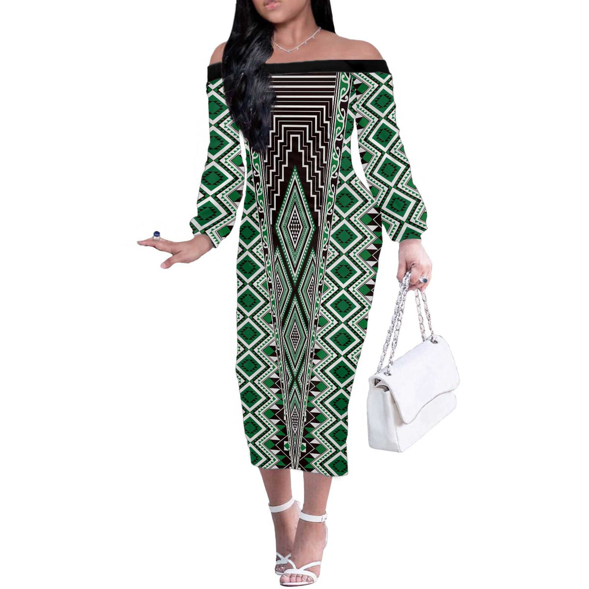 Green Aotearoa Tukutuku and Poutama Motif Off The Shoulder Long Sleeve Dress LT03 Women Green - Polynesian Pride