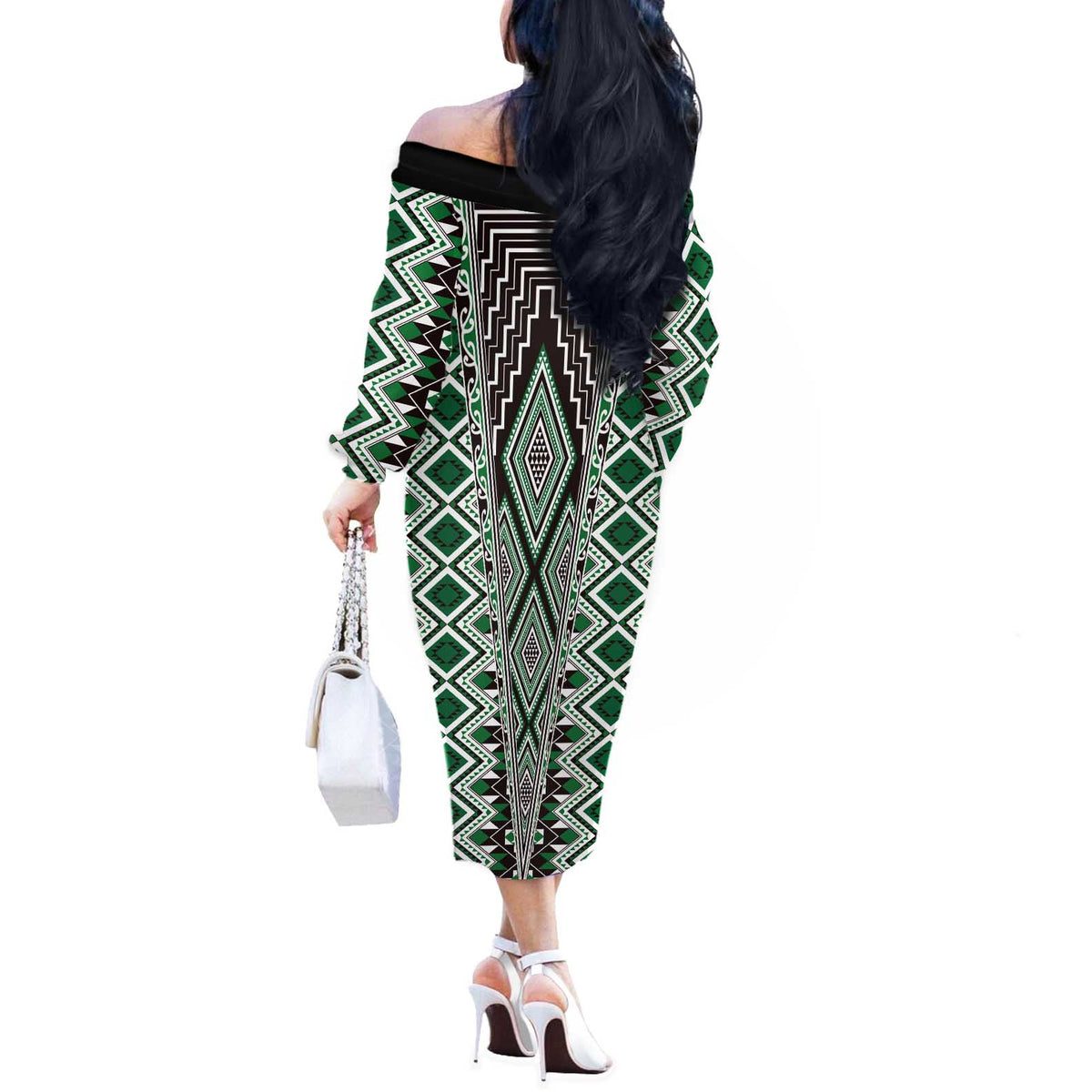 Green Aotearoa Tukutuku and Poutama Motif Off The Shoulder Long Sleeve Dress LT03 - Polynesian Pride
