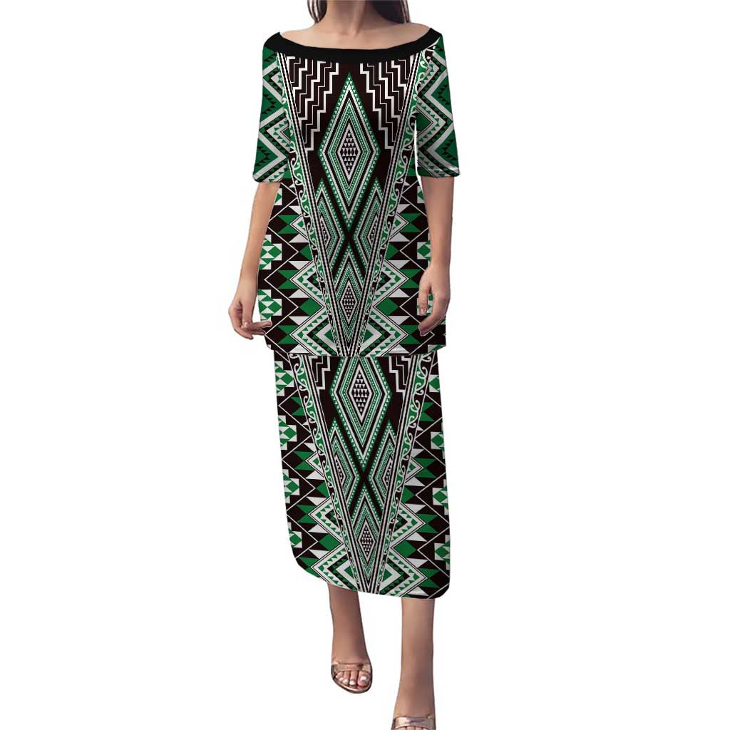 Green Aotearoa Tukutuku and Poutama Motif Puletasi LT03 Long Dress Green - Polynesian Pride