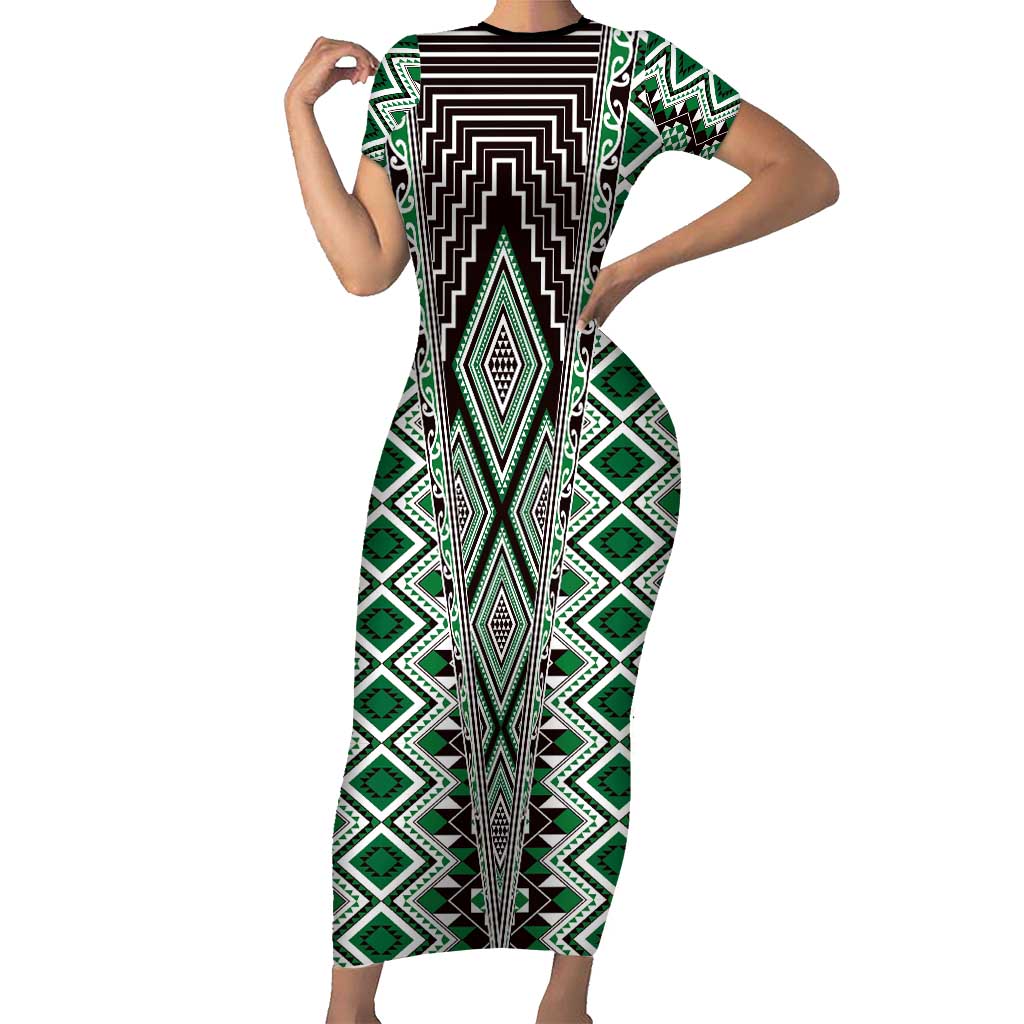 Green Aotearoa Tukutuku and Poutama Motif Short Sleeve Bodycon Dress LT03 Long Dress Green - Polynesian Pride