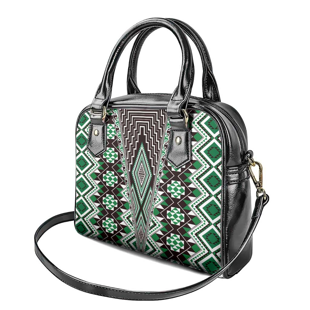 Green Aotearoa Tukutuku and Poutama Motif Shoulder Handbag
