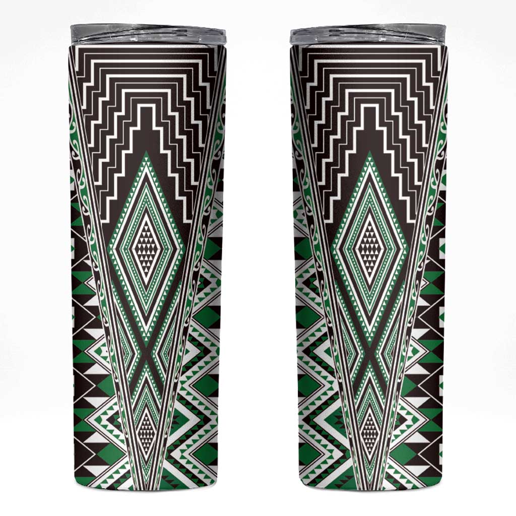 Green Aotearoa Tukutuku and Poutama Motif Skinny Tumbler LT03 Green - Polynesian Pride