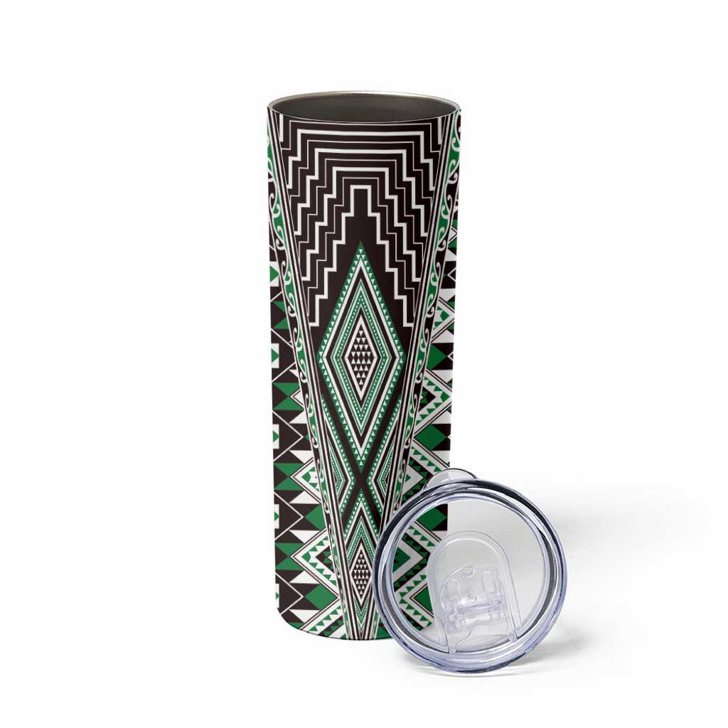 Green Aotearoa Tukutuku and Poutama Motif Skinny Tumbler LT03 - Polynesian Pride