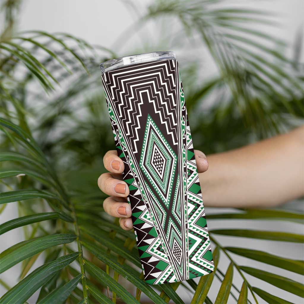 Green Aotearoa Tukutuku and Poutama Motif Skinny Tumbler LT03 - Polynesian Pride