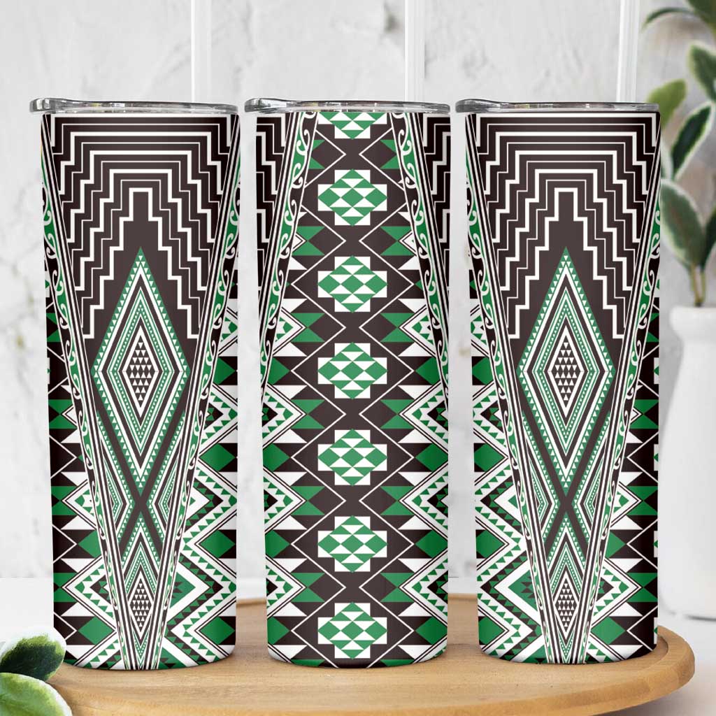 Green Aotearoa Tukutuku and Poutama Motif Skinny Tumbler LT03 - Polynesian Pride