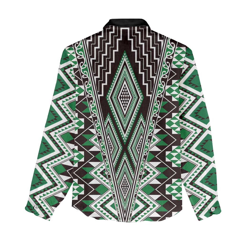 Green Aotearoa Tukutuku and Poutama Motif Women Casual Shirt LT03 - Polynesian Pride