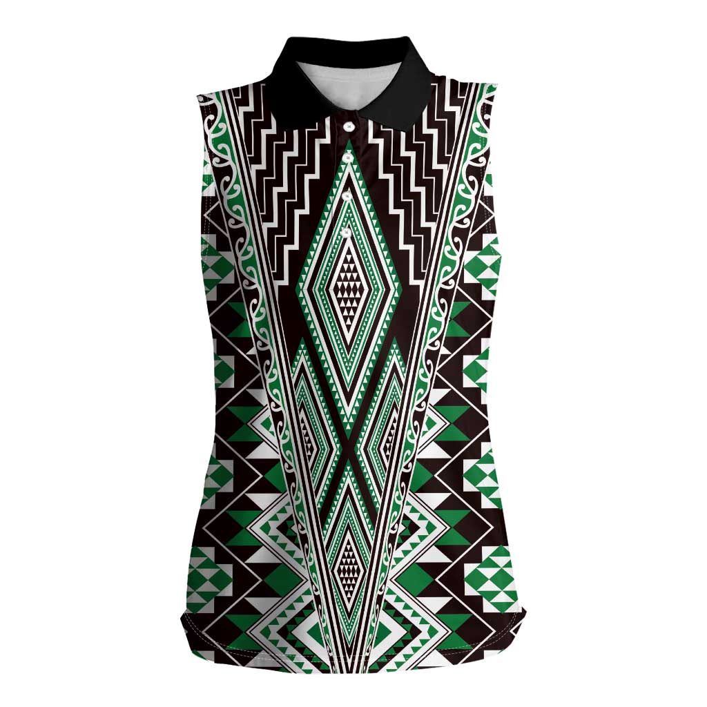 Green Aotearoa Tukutuku and Poutama Motif Women Sleeveless Polo Shirt LT03 Female Green - Polynesian Pride