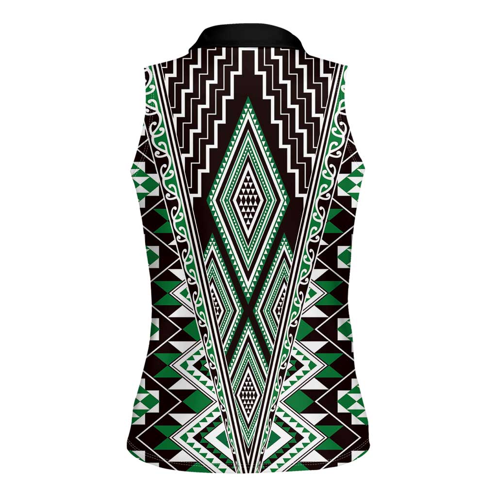 Green Aotearoa Tukutuku and Poutama Motif Women Sleeveless Polo Shirt LT03 - Polynesian Pride