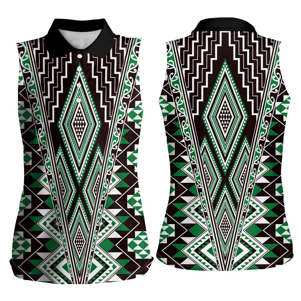 Green Aotearoa Tukutuku and Poutama Motif Women Sleeveless Polo Shirt LT03 - Polynesian Pride