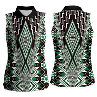Green Aotearoa Tukutuku and Poutama Motif Women Sleeveless Polo Shirt LT03 - Polynesian Pride