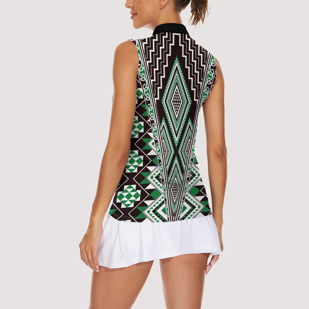 Green Aotearoa Tukutuku and Poutama Motif Women Sleeveless Polo Shirt LT03 - Polynesian Pride