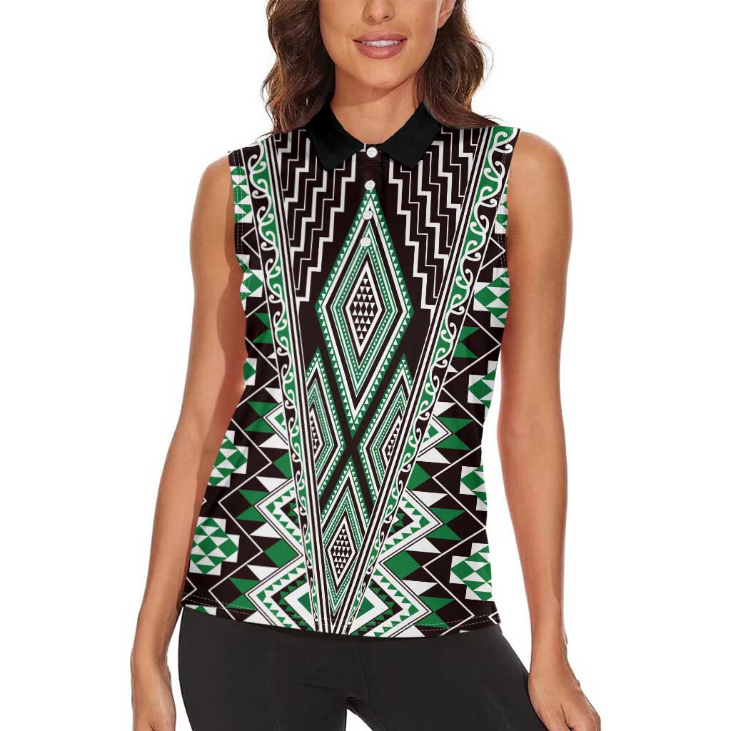 Green Aotearoa Tukutuku and Poutama Motif Women Sleeveless Polo Shirt LT03 - Polynesian Pride
