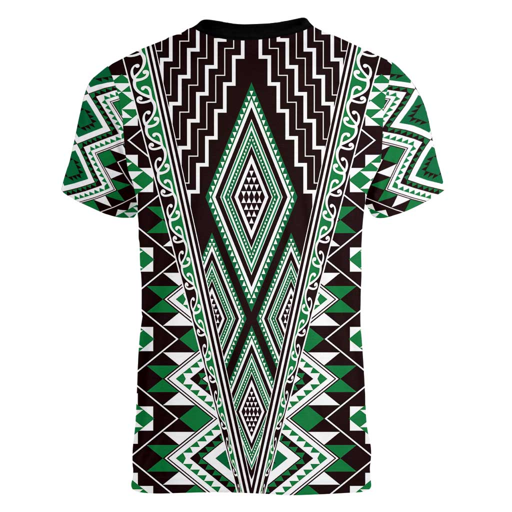 Green Aotearoa Tukutuku and Poutama Motif Women V-Neck T-Shirt LT03 - Polynesian Pride