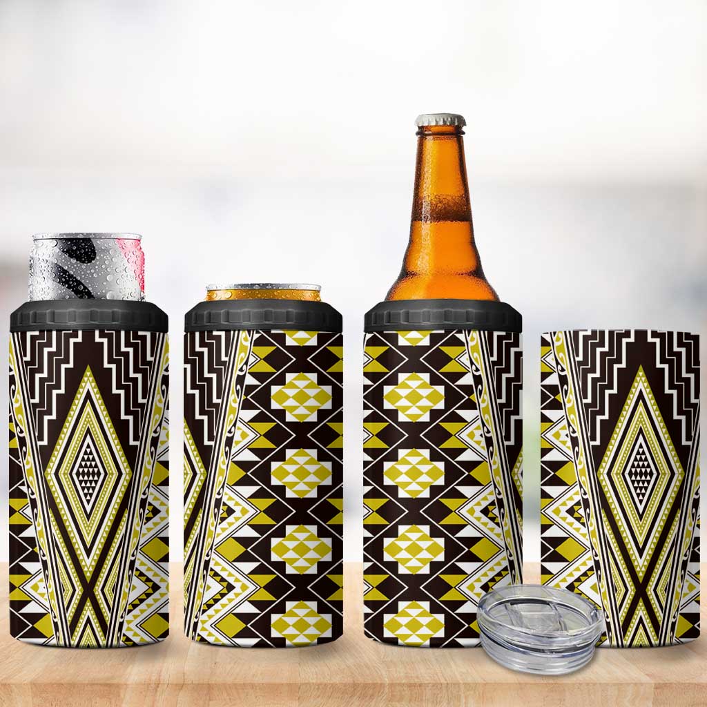 Yellow Aotearoa Tukutuku and Poutama Motif 4 in 1 Can Cooler Tumbler LT03 - Polynesian Pride