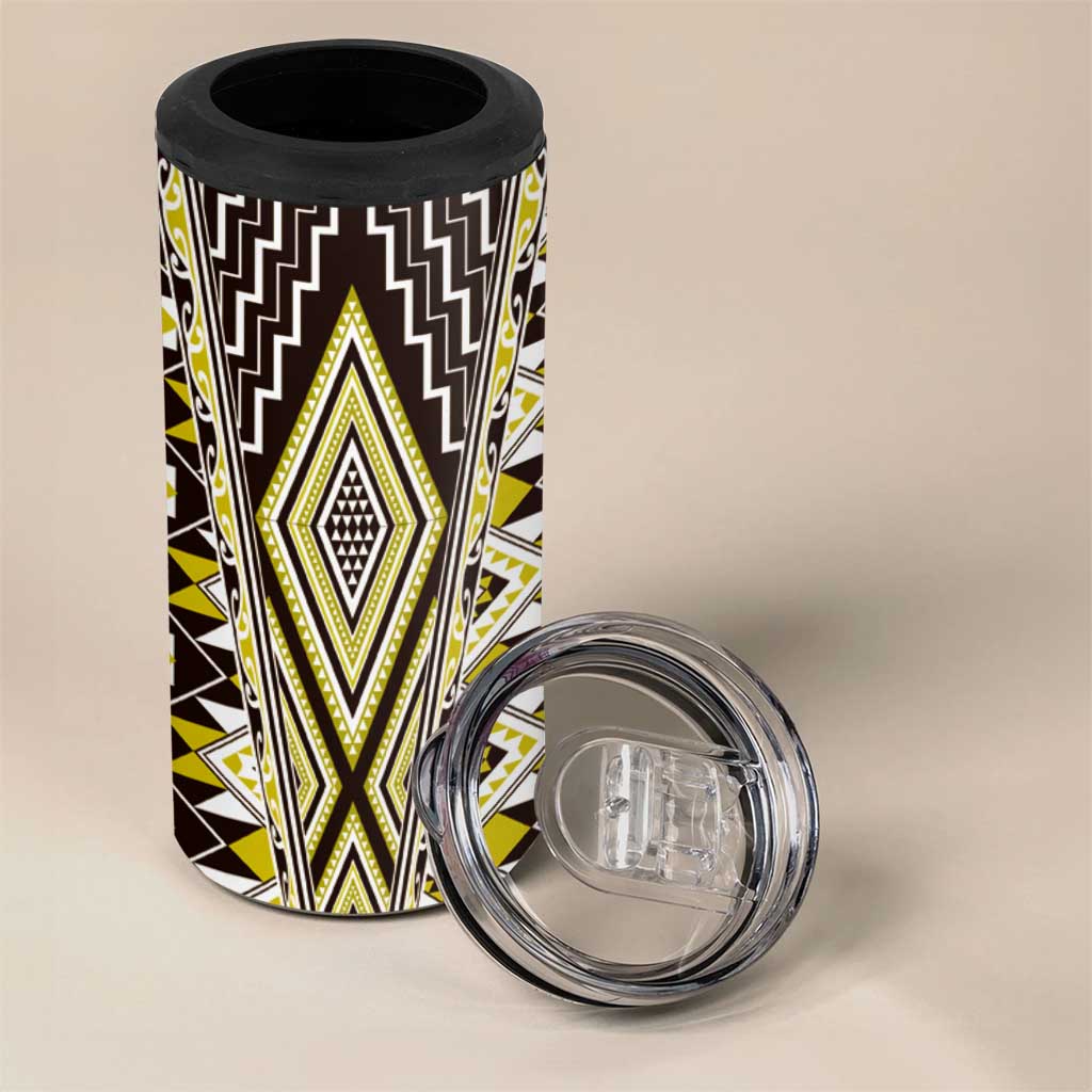 Yellow Aotearoa Tukutuku and Poutama Motif 4 in 1 Can Cooler Tumbler LT03 - Polynesian Pride