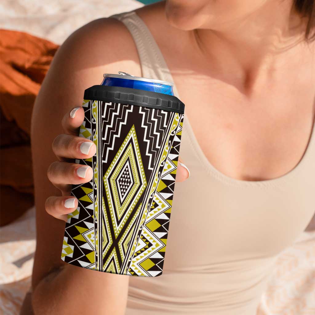 Yellow Aotearoa Tukutuku and Poutama Motif 4 in 1 Can Cooler Tumbler LT03 - Polynesian Pride