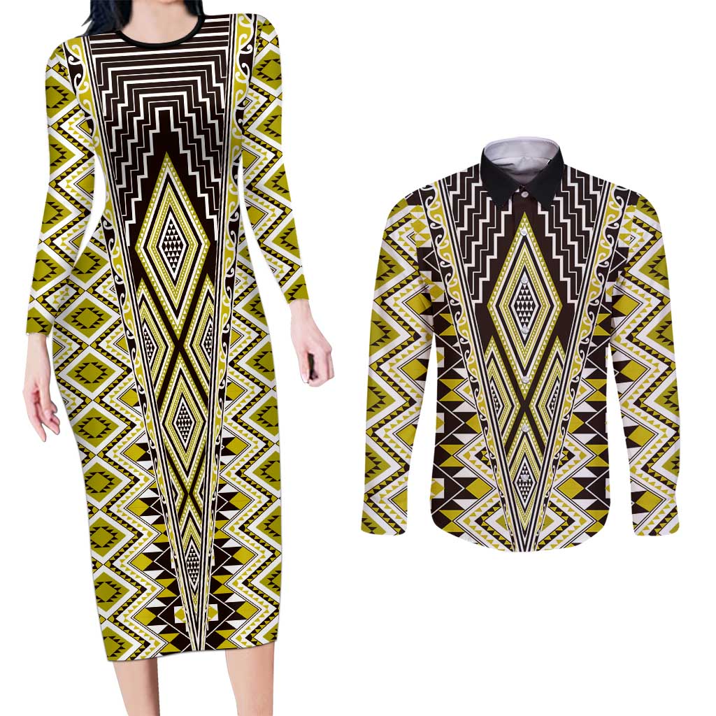 Yellow Aotearoa Tukutuku and Poutama Motif Couples Matching Long Sleeve Bodycon Dress and Long Sleeve Button Shirt LT03 Yellow - Polynesian Pride