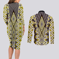 Yellow Aotearoa Tukutuku and Poutama Motif Couples Matching Long Sleeve Bodycon Dress and Long Sleeve Button Shirt LT03 - Polynesian Pride