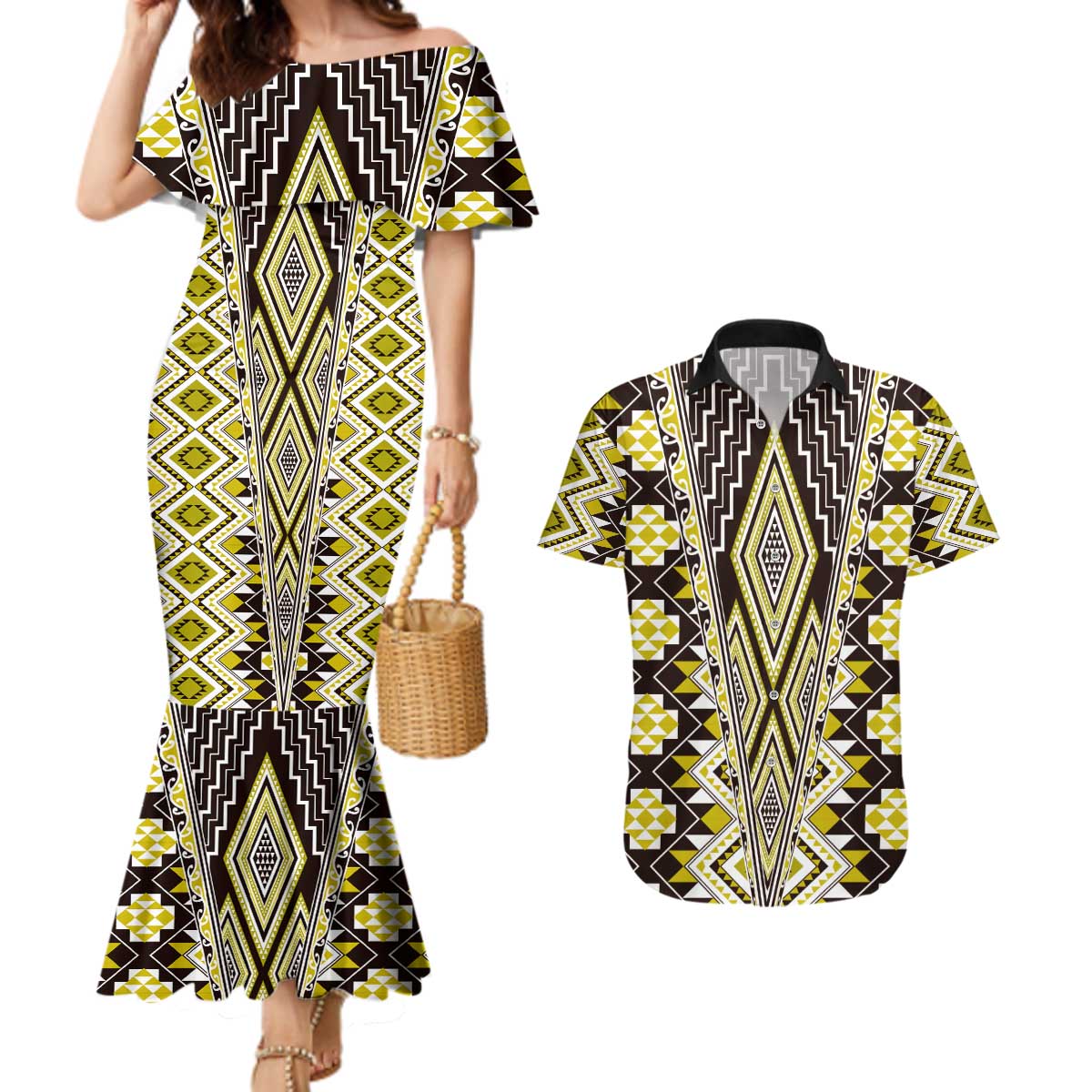 Yellow Aotearoa Tukutuku and Poutama Motif Couples Matching Mermaid Dress and Hawaiian Shirt LT03 Yellow - Polynesian Pride