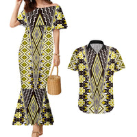 Yellow Aotearoa Tukutuku and Poutama Motif Couples Matching Mermaid Dress and Hawaiian Shirt LT03 Yellow - Polynesian Pride