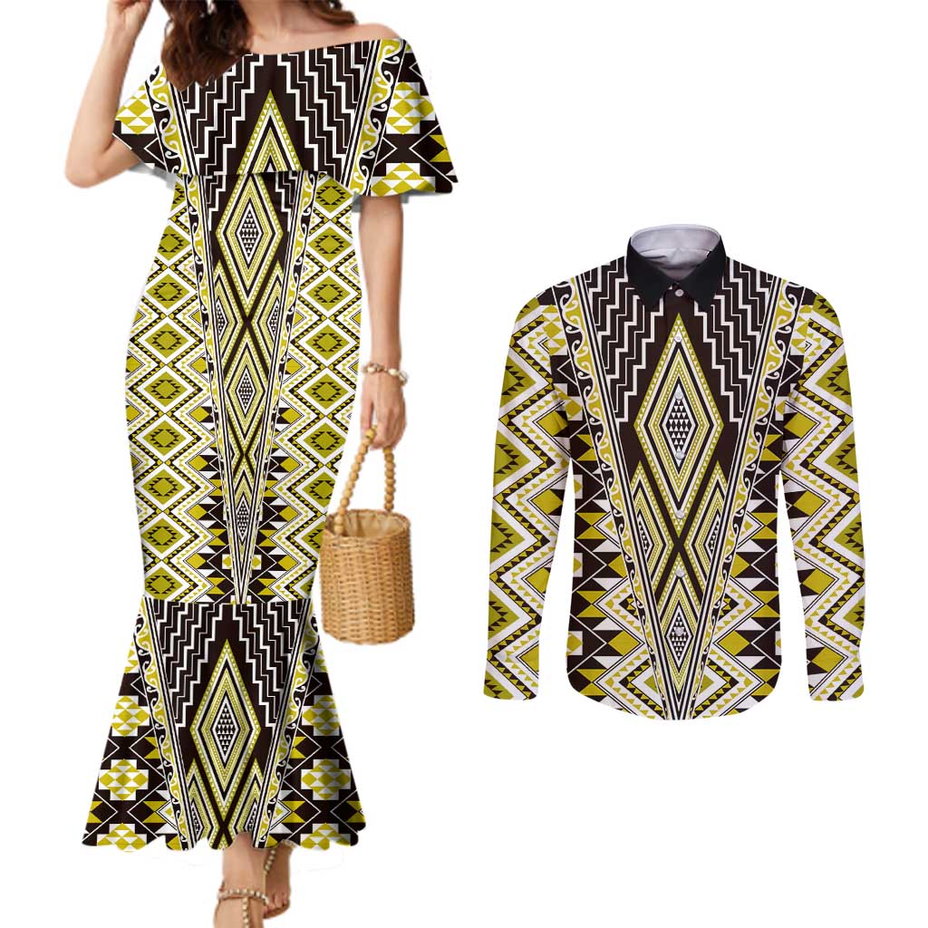 Yellow Aotearoa Tukutuku and Poutama Motif Couples Matching Mermaid Dress and Long Sleeve Button Shirt LT03 Yellow - Polynesian Pride