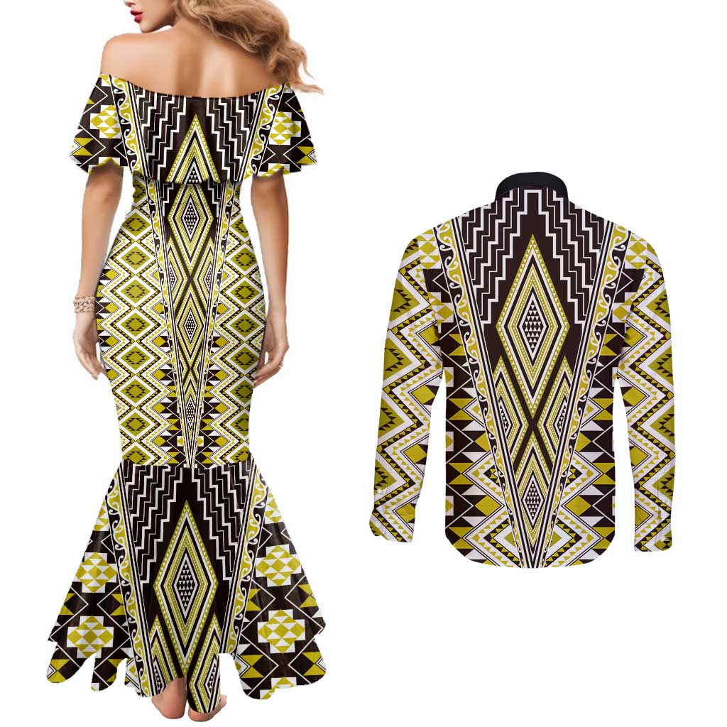 Yellow Aotearoa Tukutuku and Poutama Motif Couples Matching Mermaid Dress and Long Sleeve Button Shirt LT03 - Polynesian Pride
