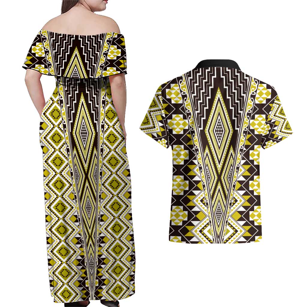 Yellow Aotearoa Tukutuku and Poutama Motif Couples Matching Off Shoulder Maxi Dress and Hawaiian Shirt LT03 - Polynesian Pride
