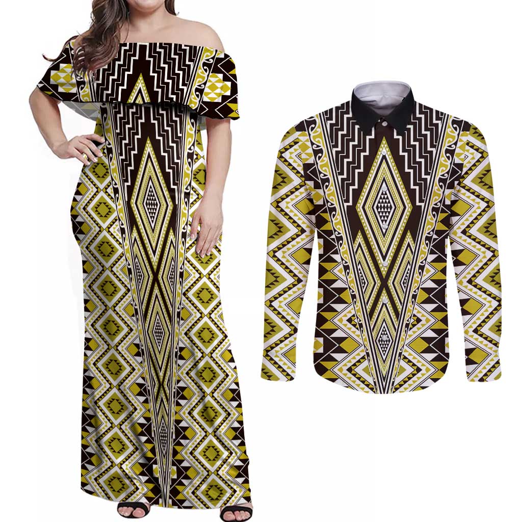 Yellow Aotearoa Tukutuku and Poutama Motif Couples Matching Off Shoulder Maxi Dress and Long Sleeve Button Shirt LT03 Yellow - Polynesian Pride