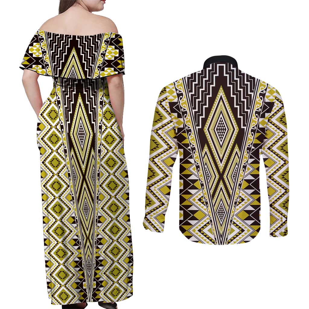 Yellow Aotearoa Tukutuku and Poutama Motif Couples Matching Off Shoulder Maxi Dress and Long Sleeve Button Shirt LT03 - Polynesian Pride