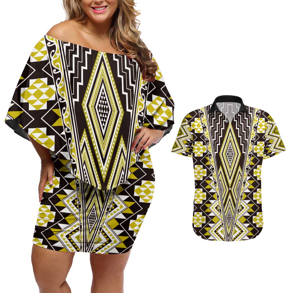 Yellow Aotearoa Tukutuku and Poutama Motif Couples Matching Off Shoulder Short Dress and Hawaiian Shirt LT03 Yellow - Polynesian Pride