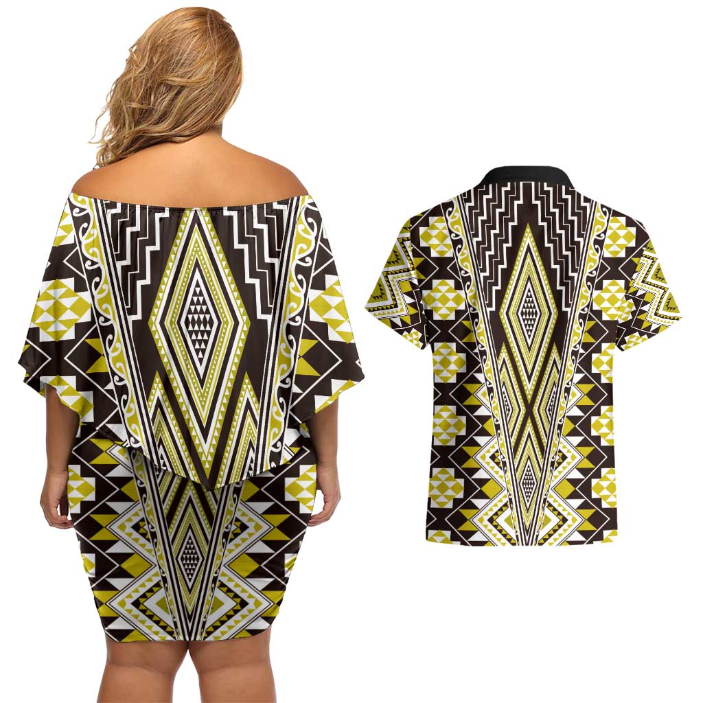 Yellow Aotearoa Tukutuku and Poutama Motif Couples Matching Off Shoulder Short Dress and Hawaiian Shirt LT03 - Polynesian Pride