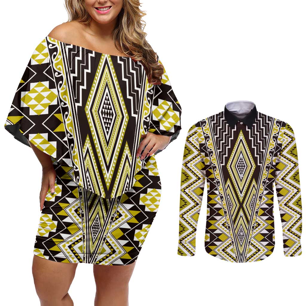 Yellow Aotearoa Tukutuku and Poutama Motif Couples Matching Off Shoulder Short Dress and Long Sleeve Button Shirt LT03 Yellow - Polynesian Pride