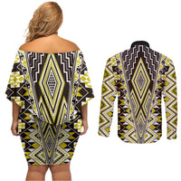 Yellow Aotearoa Tukutuku and Poutama Motif Couples Matching Off Shoulder Short Dress and Long Sleeve Button Shirt LT03 - Polynesian Pride