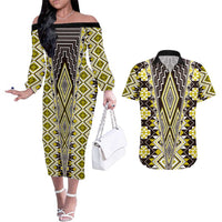 Yellow Aotearoa Tukutuku and Poutama Motif Couples Matching Off The Shoulder Long Sleeve Dress and Hawaiian Shirt LT03 Yellow - Polynesian Pride