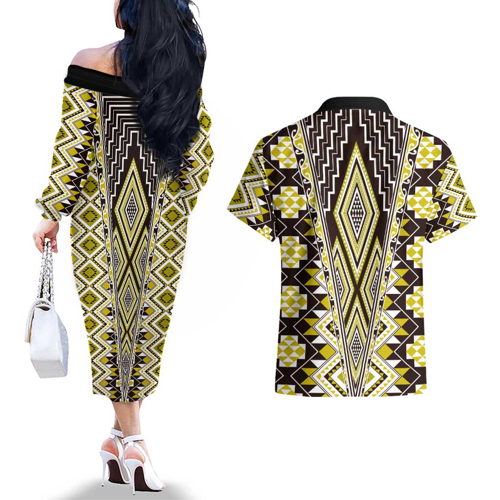 Yellow Aotearoa Tukutuku and Poutama Motif Couples Matching Off The Shoulder Long Sleeve Dress and Hawaiian Shirt LT03 - Polynesian Pride
