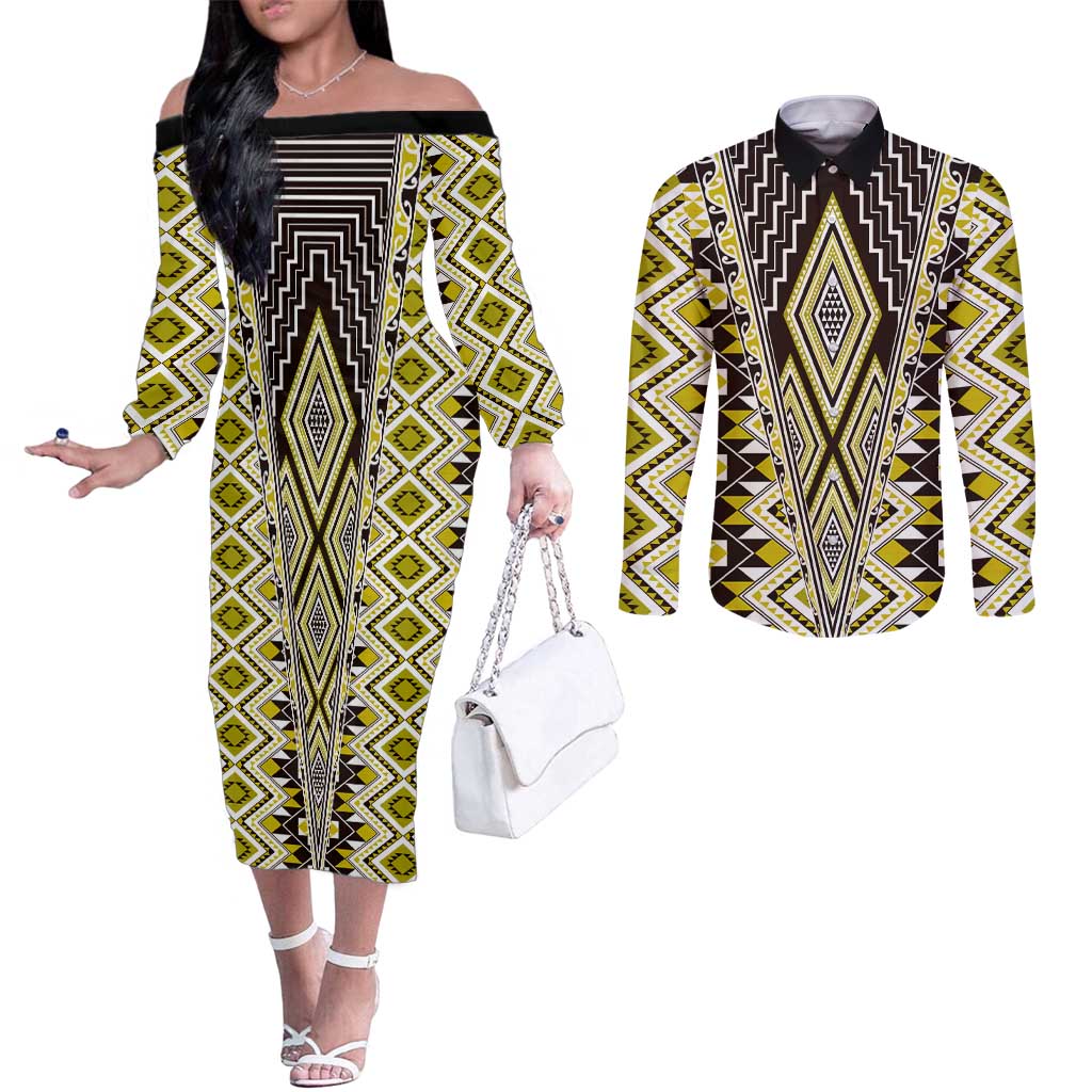 Yellow Aotearoa Tukutuku and Poutama Motif Couples Matching Off The Shoulder Long Sleeve Dress and Long Sleeve Button Shirt LT03 Yellow - Polynesian Pride