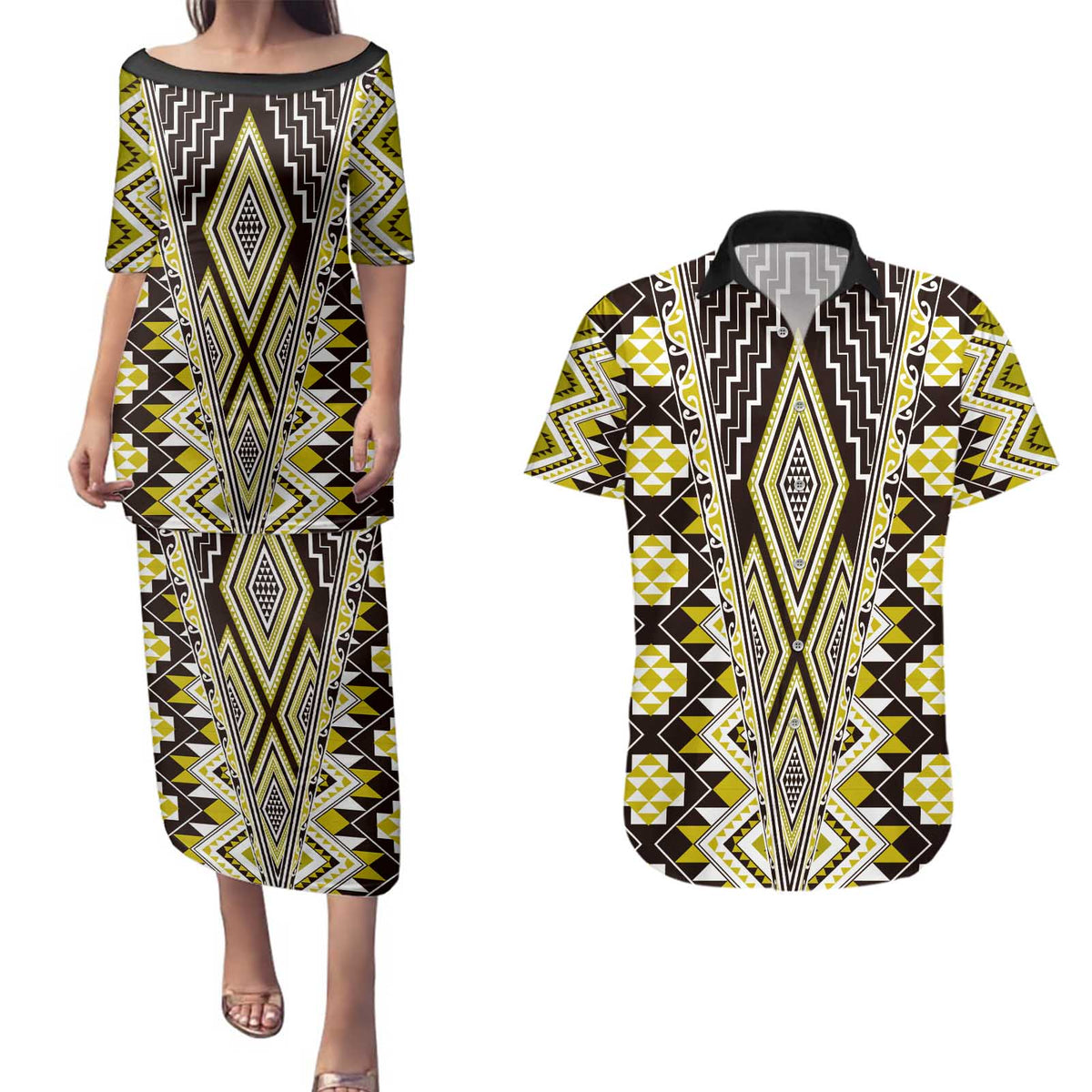 Yellow Aotearoa Tukutuku and Poutama Motif Couples Matching Puletasi and Hawaiian Shirt LT03 Yellow - Polynesian Pride
