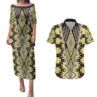 Yellow Aotearoa Tukutuku and Poutama Motif Couples Matching Puletasi and Hawaiian Shirt LT03 Yellow - Polynesian Pride