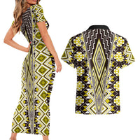 Yellow Aotearoa Tukutuku and Poutama Motif Couples Matching Short Sleeve Bodycon Dress and Hawaiian Shirt LT03 - Polynesian Pride