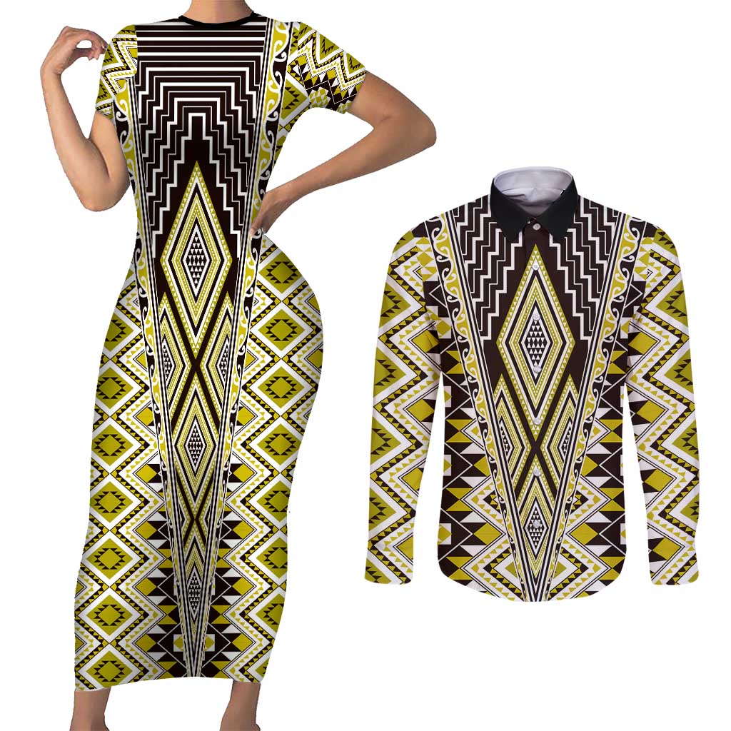 Yellow Aotearoa Tukutuku and Poutama Motif Couples Matching Short Sleeve Bodycon Dress and Long Sleeve Button Shirt LT03 Yellow - Polynesian Pride