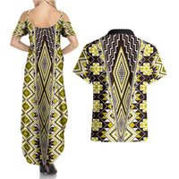 Yellow Aotearoa Tukutuku and Poutama Motif Couples Matching Summer Maxi Dress and Hawaiian Shirt LT03 - Polynesian Pride