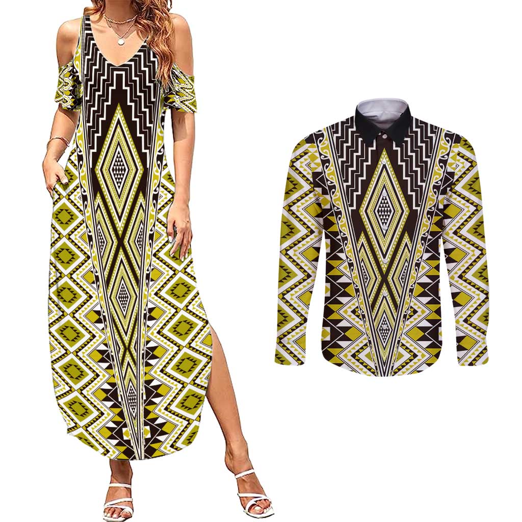 Yellow Aotearoa Tukutuku and Poutama Motif Couples Matching Summer Maxi Dress and Long Sleeve Button Shirt LT03 Yellow - Polynesian Pride