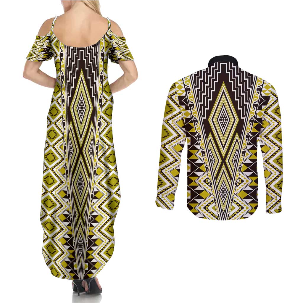 Yellow Aotearoa Tukutuku and Poutama Motif Couples Matching Summer Maxi Dress and Long Sleeve Button Shirt LT03 - Polynesian Pride