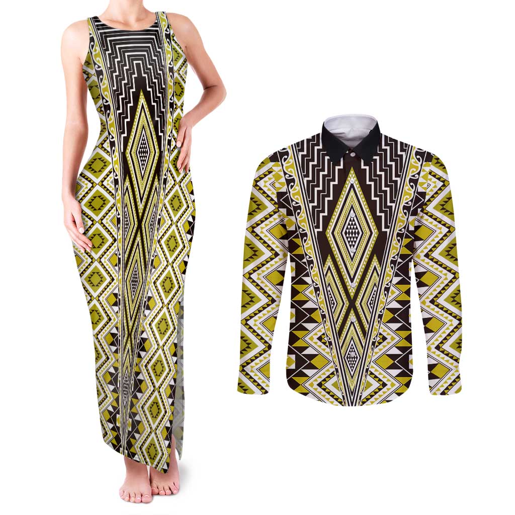 Yellow Aotearoa Tukutuku and Poutama Motif Couples Matching Tank Maxi Dress and Long Sleeve Button Shirt LT03 Yellow - Polynesian Pride