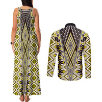 Yellow Aotearoa Tukutuku and Poutama Motif Couples Matching Tank Maxi Dress and Long Sleeve Button Shirt LT03 - Polynesian Pride