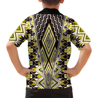 Yellow Aotearoa Tukutuku and Poutama Motif Family Matching Long Sleeve Bodycon Dress and Hawaiian Shirt LT03 - Polynesian Pride