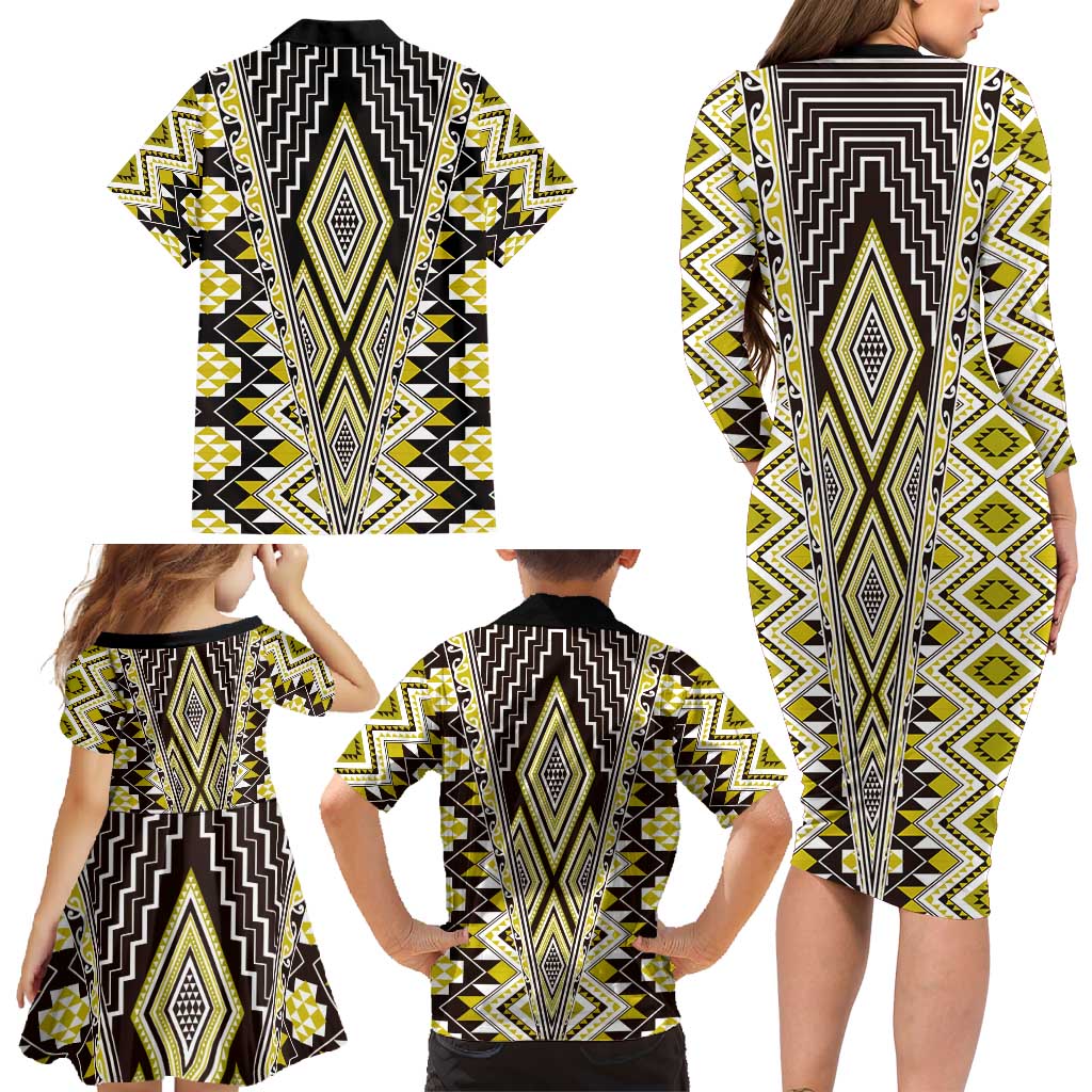Yellow Aotearoa Tukutuku and Poutama Motif Family Matching Long Sleeve Bodycon Dress and Hawaiian Shirt LT03 - Polynesian Pride